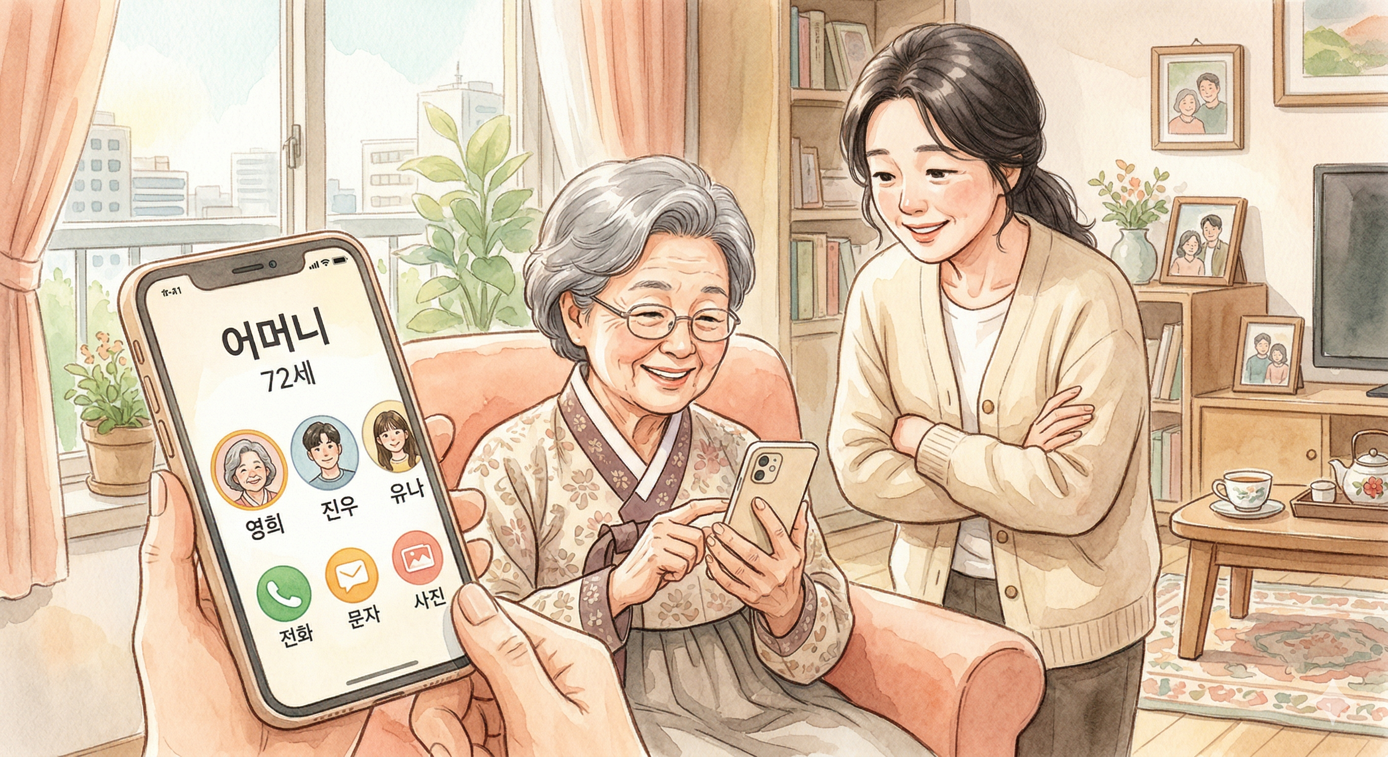 할머니와 딸이 함께 스마트폰을 보는 모습